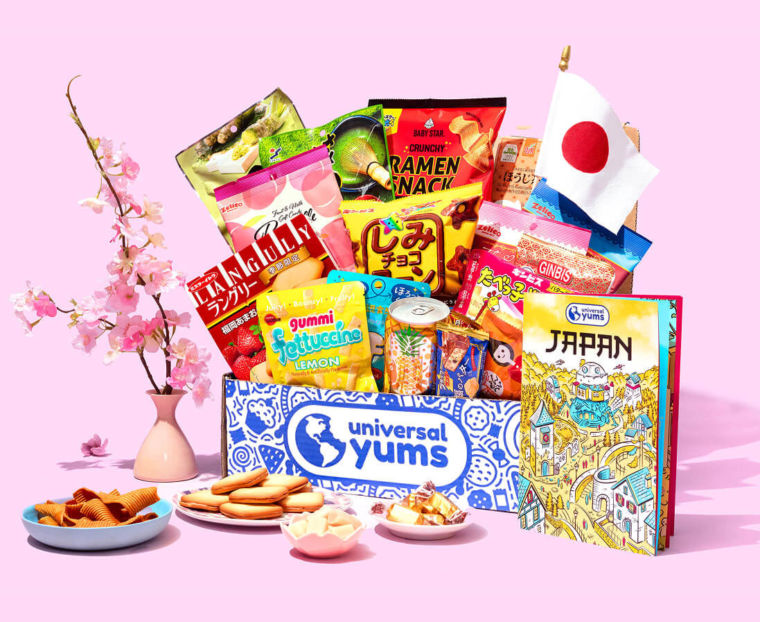 Assorted global snacks and country box display
